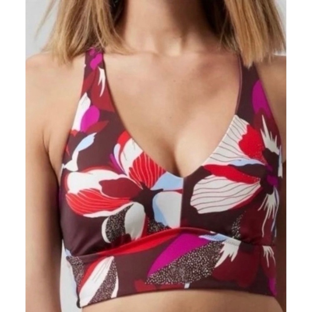 Athleta Plunge Bikini Top Floral Burgundy Red Crisscross Tie Back Swim Size XL